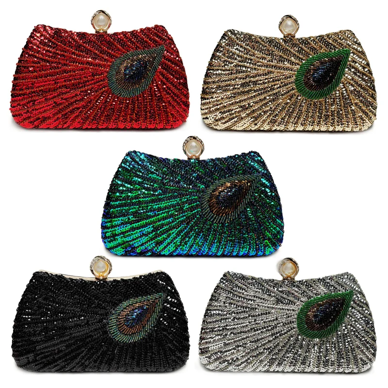 Beaded Peacock Feather Large Pearl Rhinestone Handbag