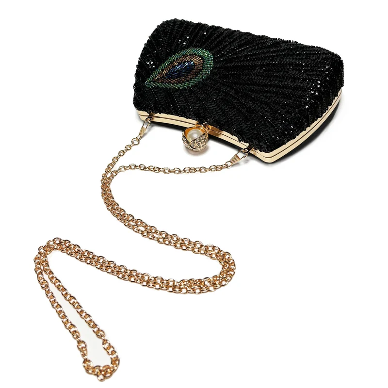 Beaded Peacock Feather Large Pearl Rhinestone Handbag