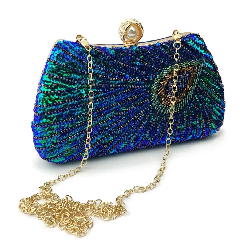 Beaded Peacock Feather Large Pearl Rhinestone Handbag