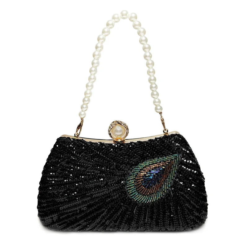 Beaded Peacock Feather Large Pearl Rhinestone Handbag
