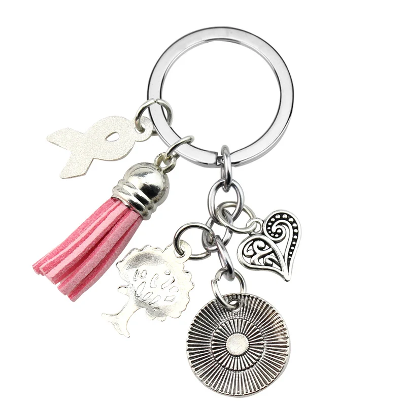 Breast Cancer Awareness Ribbon Tassel Never Give Up Love Tree Keychain
