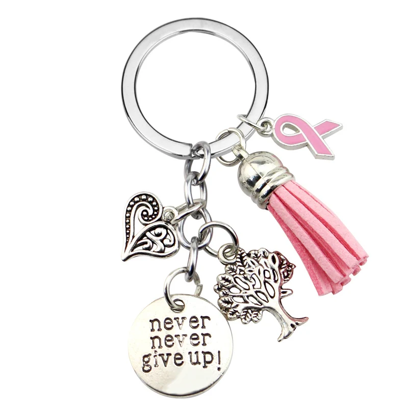 Breast Cancer Awareness Ribbon Tassel Never Give Up Love Tree Keychain