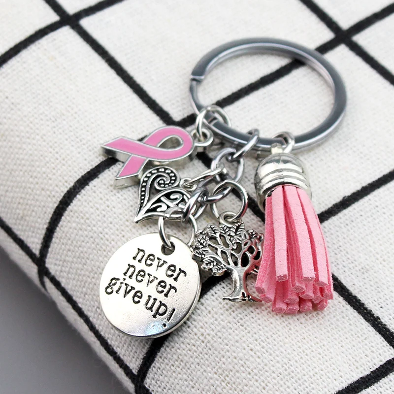 Breast Cancer Awareness Ribbon Tassel Never Give Up Love Tree Keychain