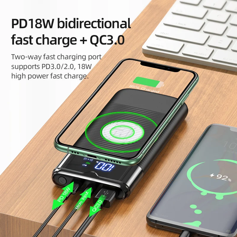 Power Bank 10000mAh Wireless Charger Power Bank PD QC3.0 18W Fast Charging USB Power Bank External Battery