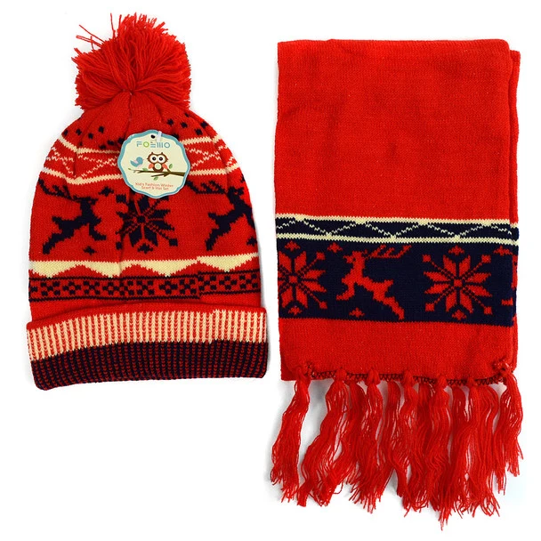Winter Knitted Snowflake Reindeer Pom Beanie Scarf (Child)