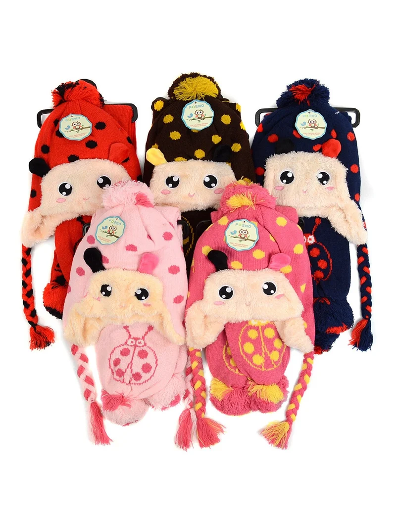 Winter Knitted Ear Flap Lined Pom Beanie Scarf and Hat Set for Cold Weather-Polka Dot Ladybug