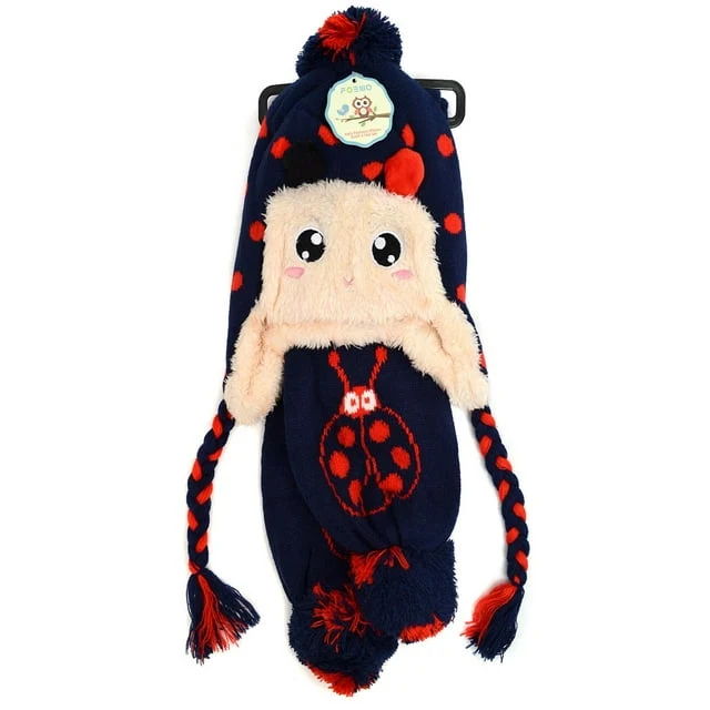 Winter Knitted Ear Flap Lined Pom Beanie Scarf and Hat Set for Cold Weather-Polka Dot Ladybug