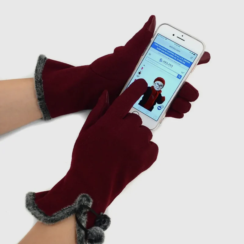 Stylish Touch Screen Gloves With Fur Trim & Fleece