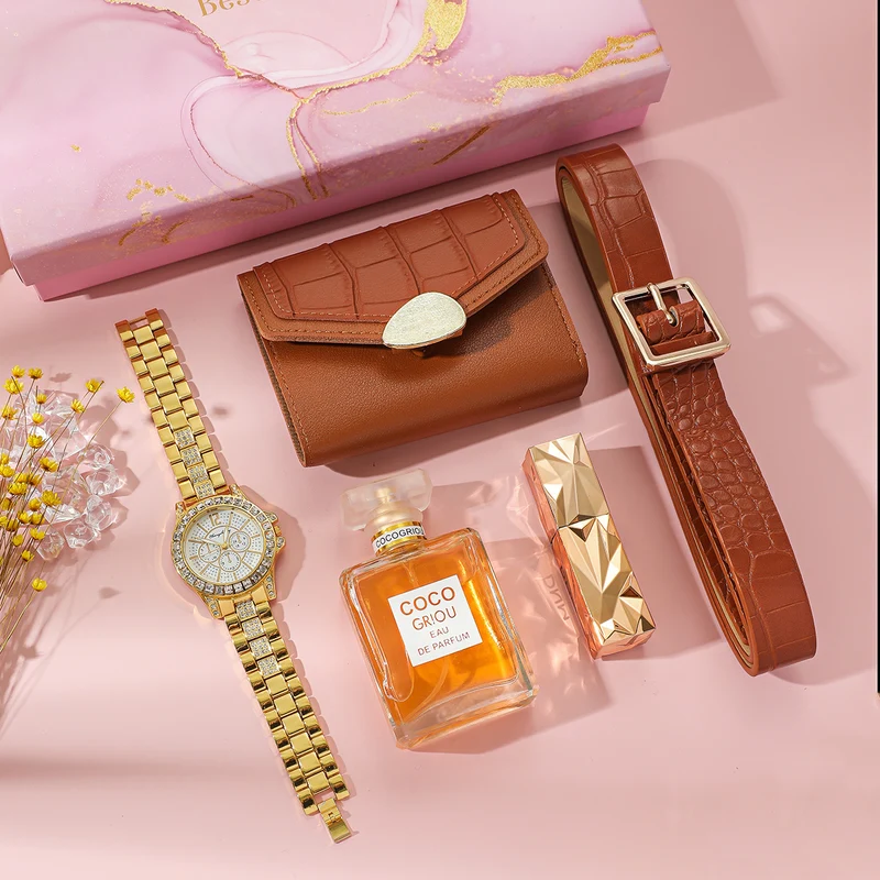 Fashion Watch Wallet Belt Perfume Lipstick Gift Set (5 Pcs)