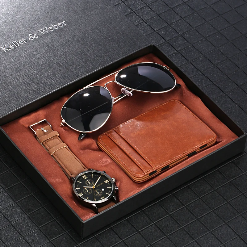 New Men's Quartz Watch Set Glasses Wallet Gift Set Box