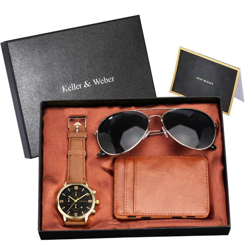 New Men's Quartz Watch Set Glasses Wallet Gift Set Box