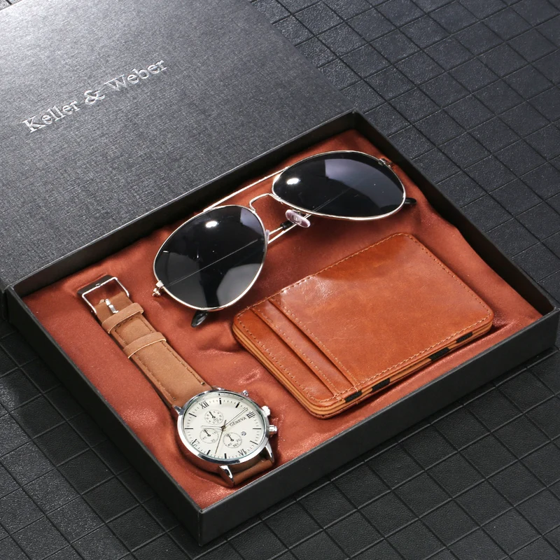 New Men's Quartz Watch Set Glasses Wallet Gift Set Box