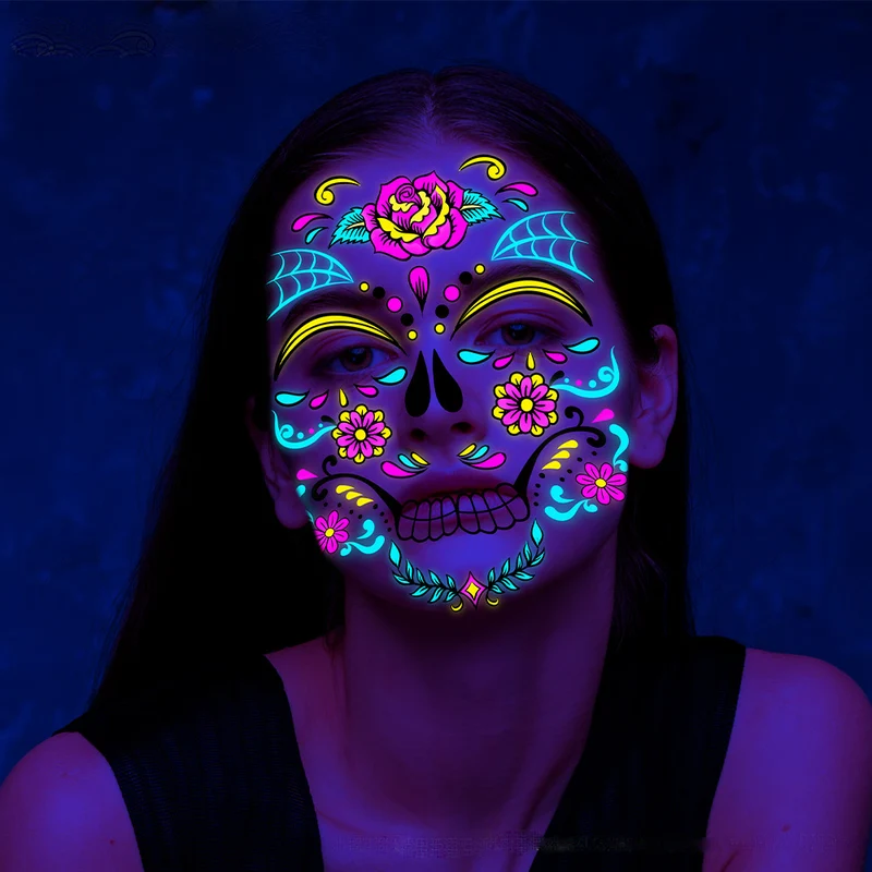 Sugar Skull Day of the Dead Neon Face Tattoo Stickers
