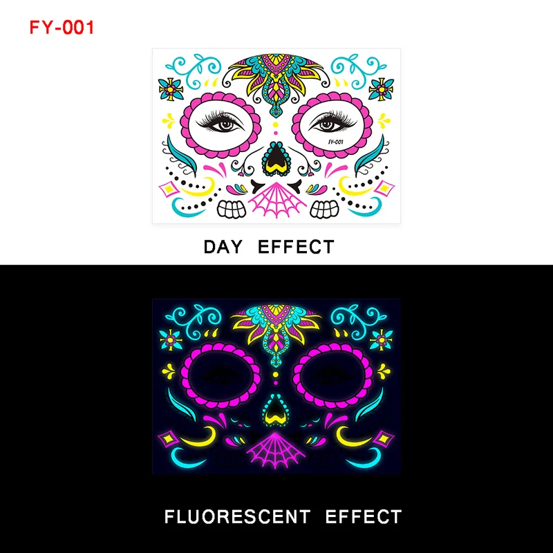 Sugar Skull Day of the Dead Neon Face Tattoo Stickers