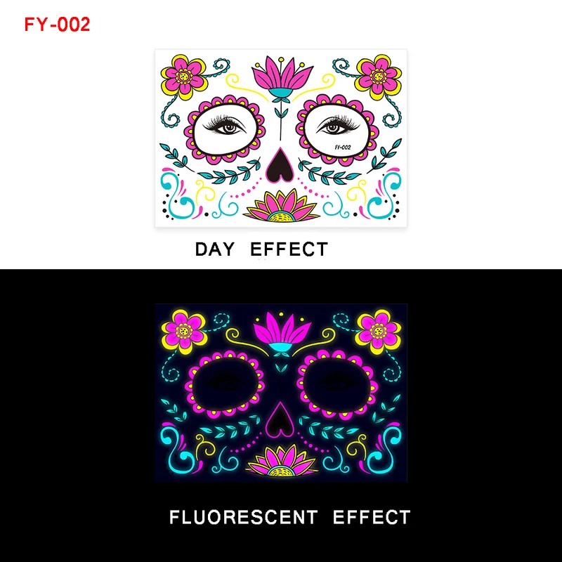Sugar Skull Day of the Dead Neon Face Tattoo Stickers