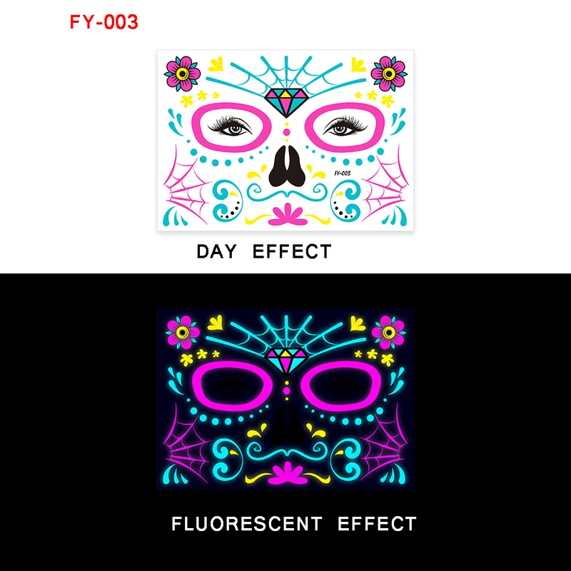 Sugar Skull Day of the Dead Neon Face Tattoo Stickers