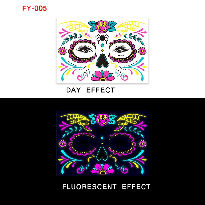 Sugar Skull Day of the Dead Neon Face Tattoo Stickers