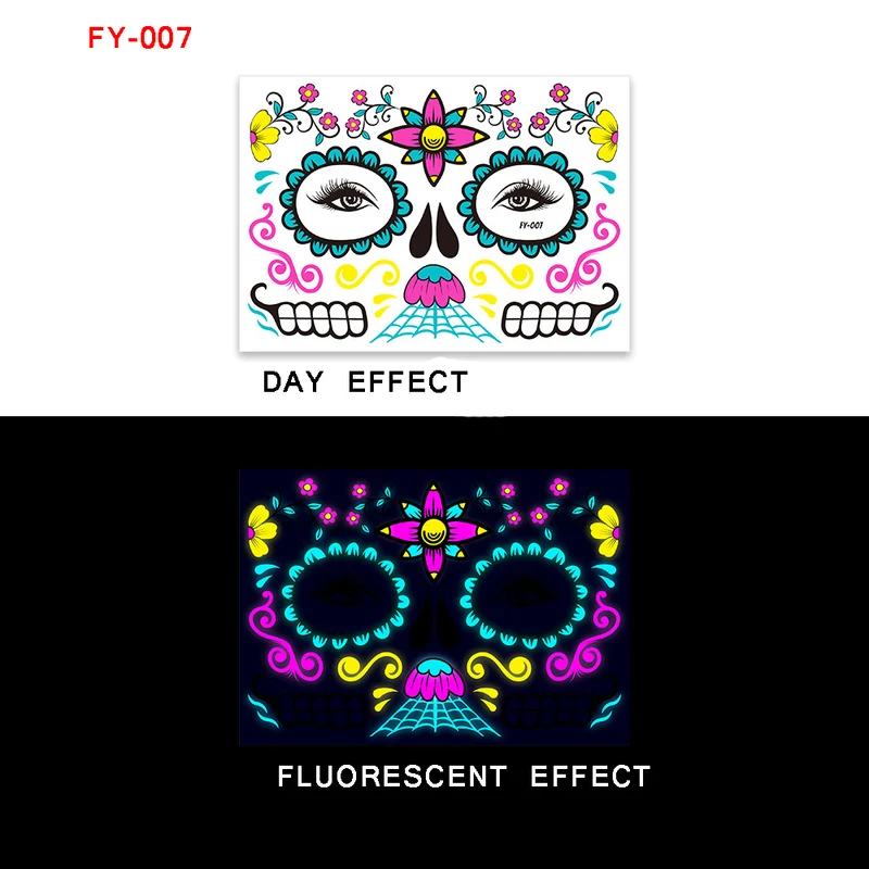 Sugar Skull Day of the Dead Neon Face Tattoo Stickers