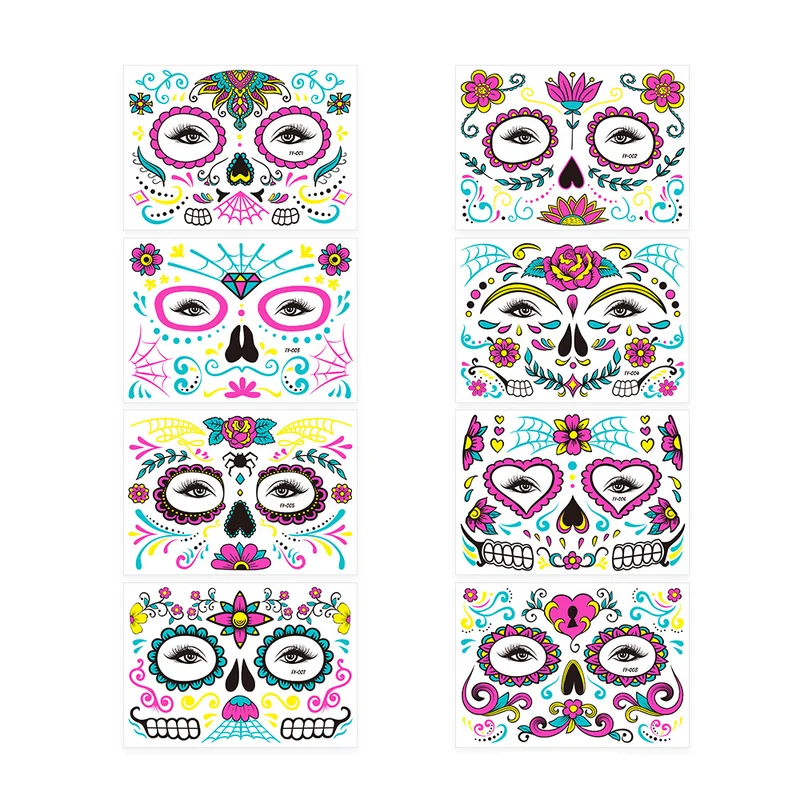 Sugar Skull Day of the Dead Neon Face Tattoo Stickers