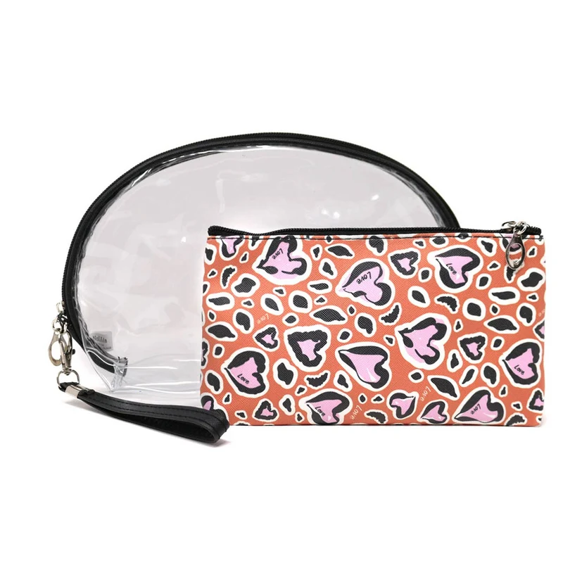 Leopard Heart Cosmetic Bag Set (2 Pcs)