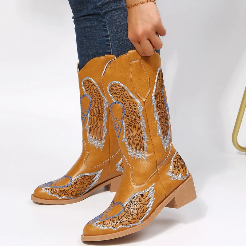 Western Cowboy Boots Women Wing Embroidery Shoes Low Heel