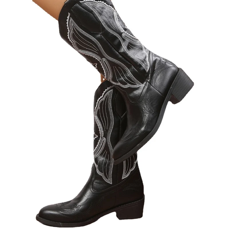 Western Cowboy Boots Women Wing Embroidery Shoes Low Heel