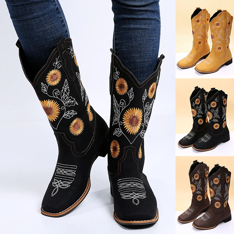 Sunflower Embroidered Cowboy Boots