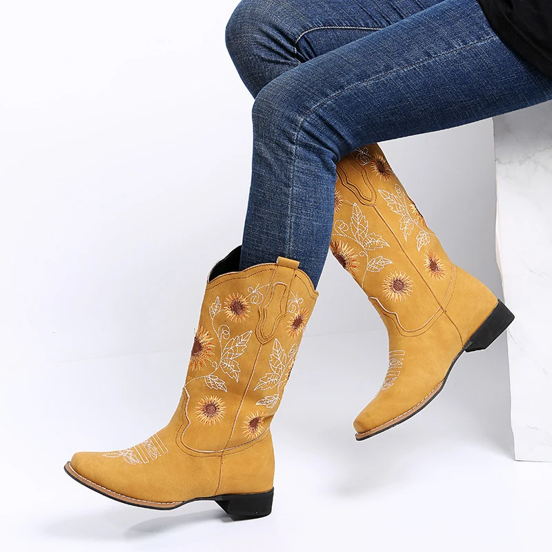 Sunflower Embroidered Cowboy Boots