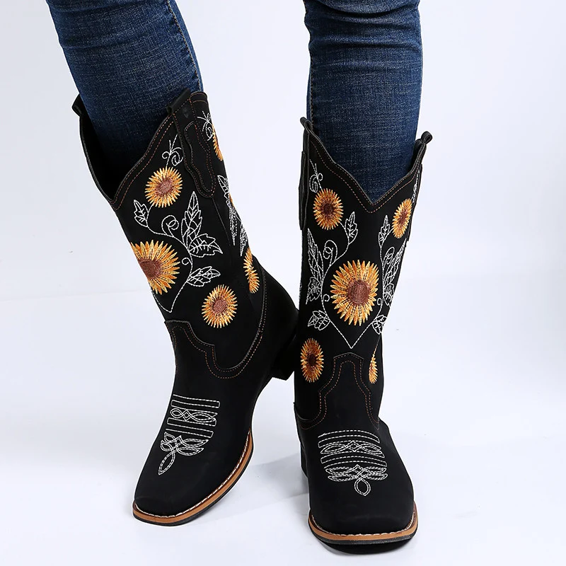 Sunflower Embroidered Cowboy Boots