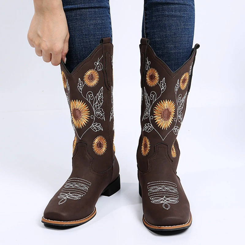 Sunflower Embroidered Cowboy Boots