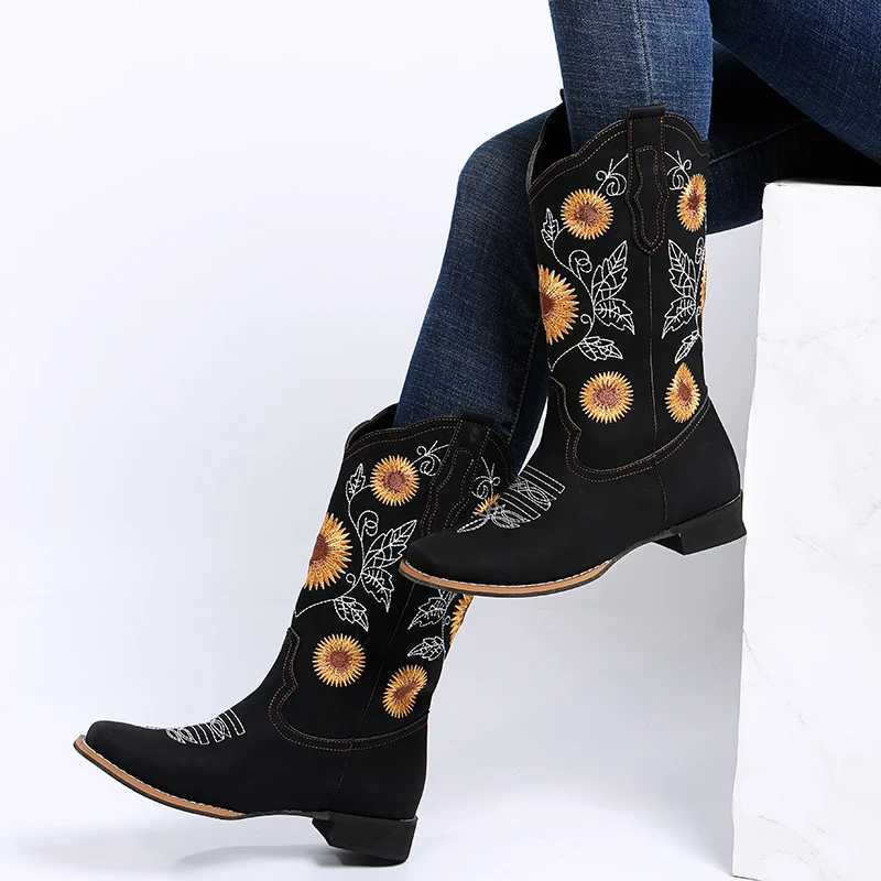 Sunflower Embroidered Cowboy Boots