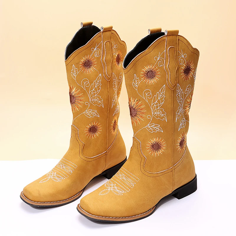 Sunflower Embroidered Cowboy Boots