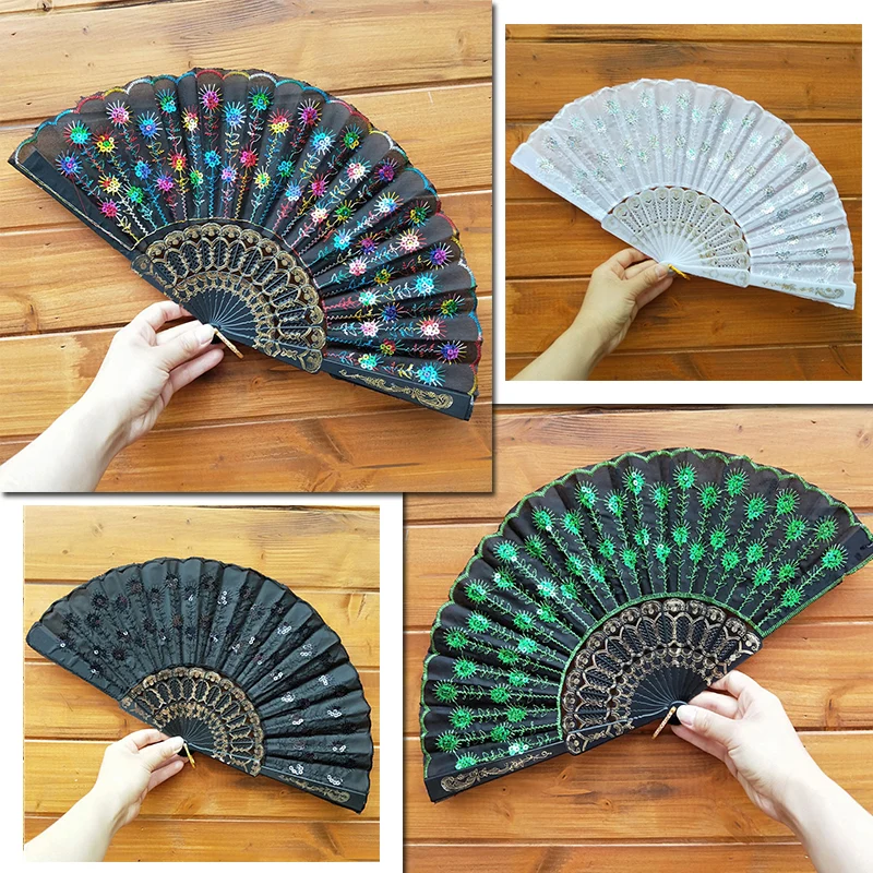 Chinese Style Peacock Tail Sequin Dance Folding Fan