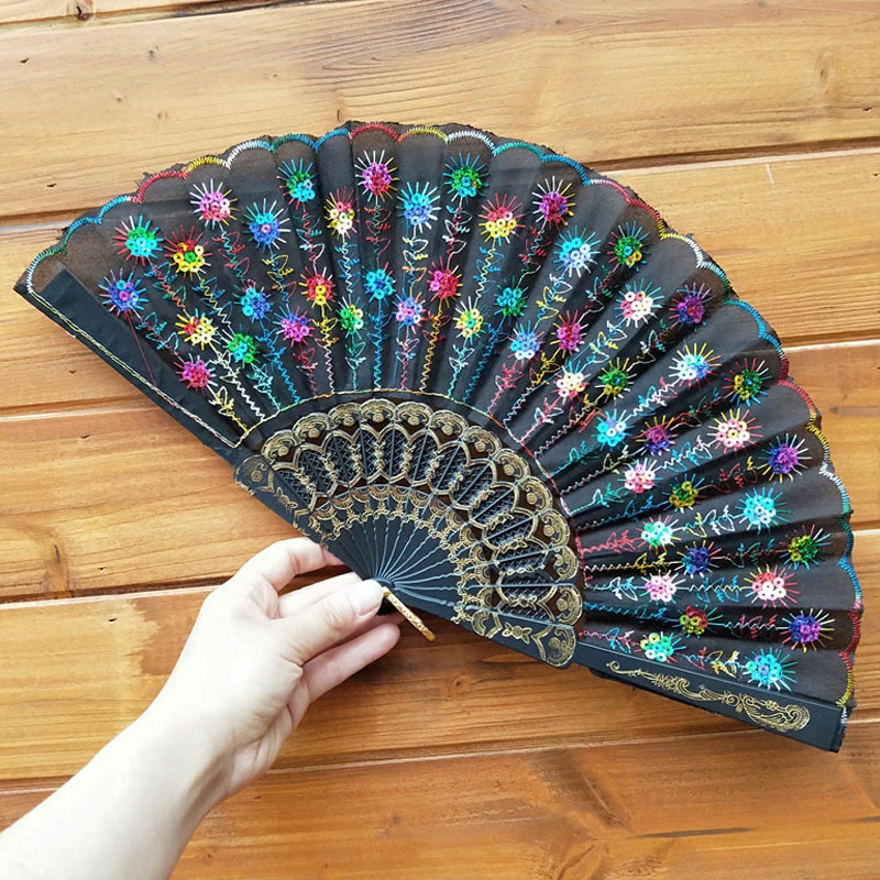 Chinese Style Peacock Tail Sequin Dance Folding Fan