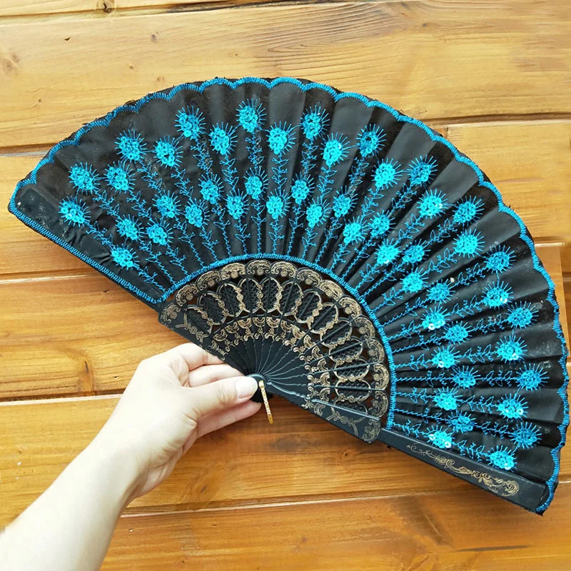 Chinese Style Peacock Tail Sequin Dance Folding Fan
