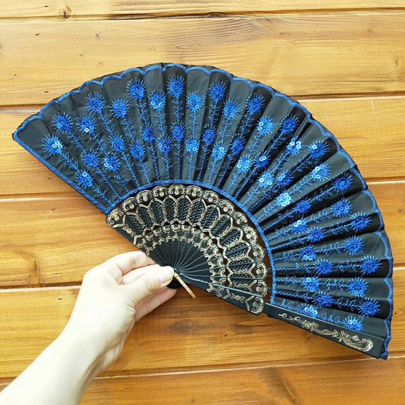 Chinese Style Peacock Tail Sequin Dance Folding Fan