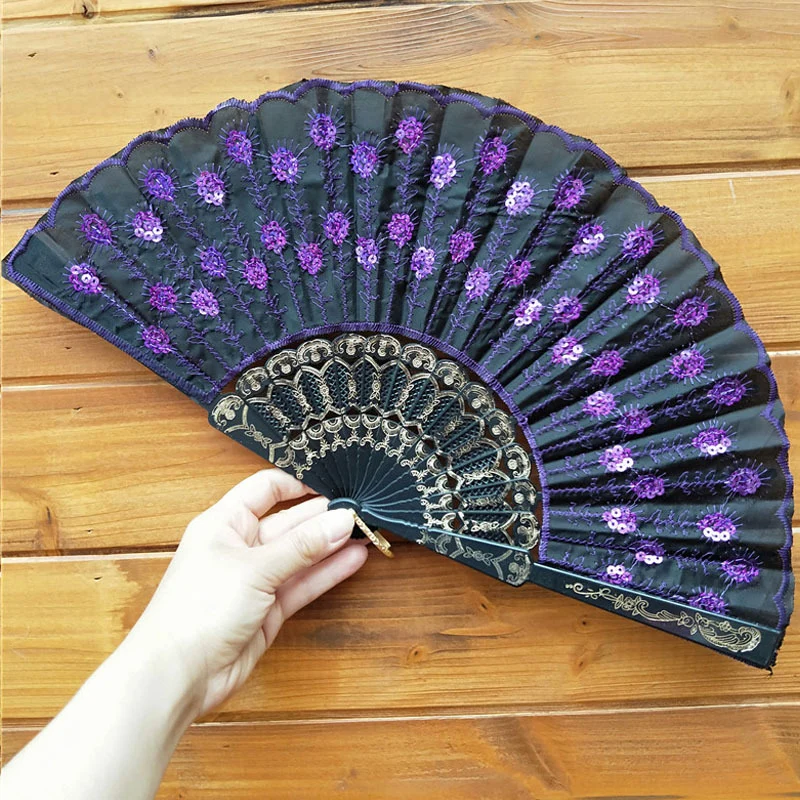 Chinese Style Peacock Tail Sequin Dance Folding Fan