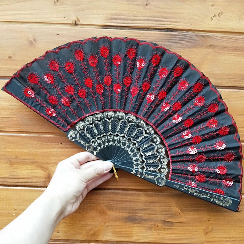 Chinese Style Peacock Tail Sequin Dance Folding Fan