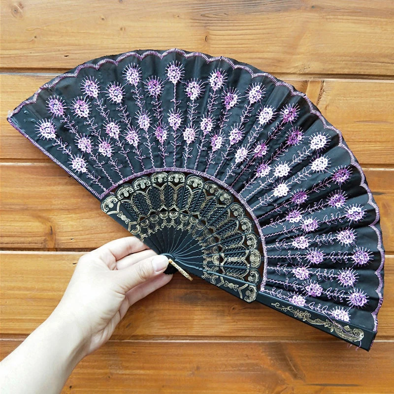 Chinese Style Peacock Tail Sequin Dance Folding Fan
