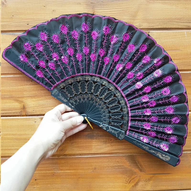 Chinese Style Peacock Tail Sequin Dance Folding Fan