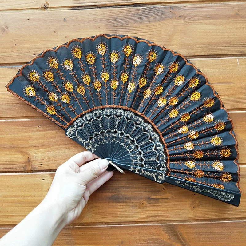 Chinese Style Peacock Tail Sequin Dance Folding Fan