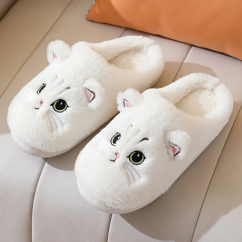 Cute Cat Plush Slippers Winter Warm Floor Bedroom Home Slippers For Couple Non-slip House Shoes Women Men