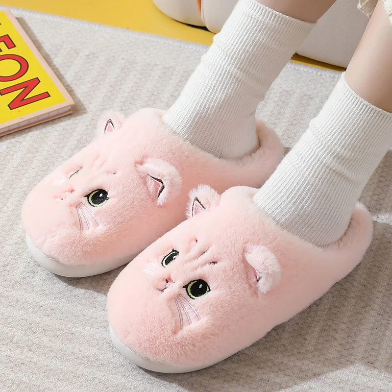 Cute Cat Plush Slippers Winter Warm Floor Bedroom Home Slippers For Couple Non-slip House Shoes Women Men