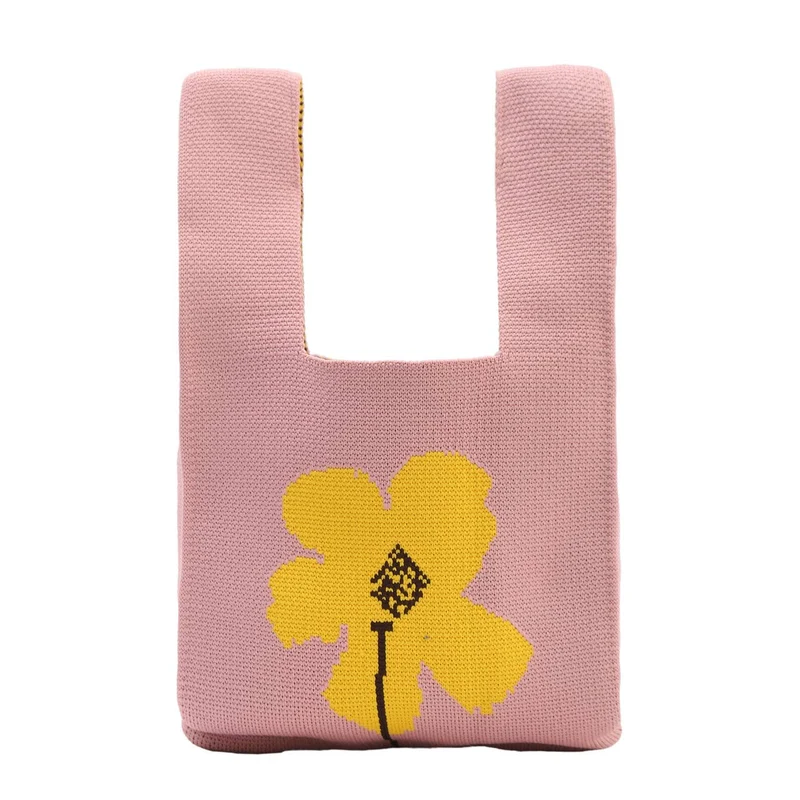 Mini Pink Single Flower Pattern Knit Tote Bag