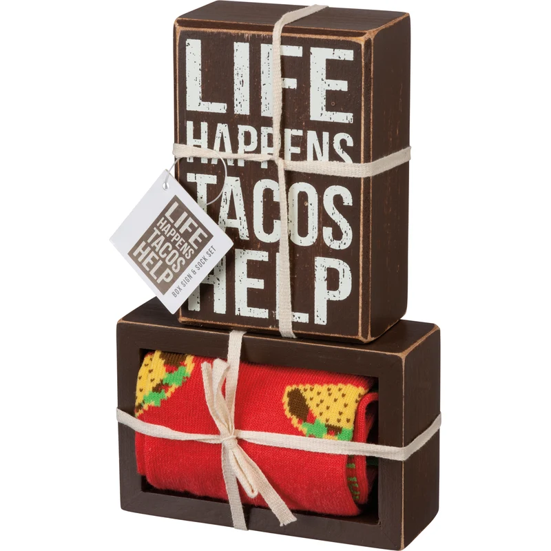 Life Happens Tacos Help - Box Sign And Sock Set