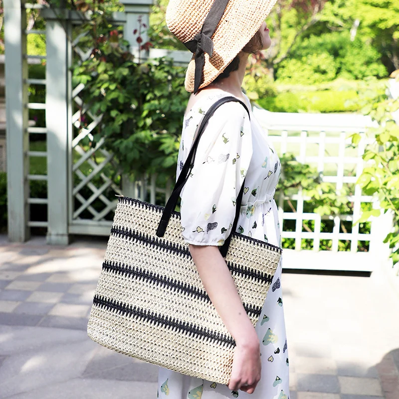 Striped Large Capacity Casual Handbag Summer Straw Tote Bags