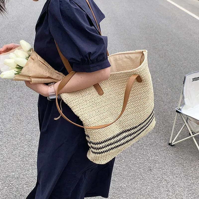 Striped Large Capacity Casual Handbag Summer Straw Tote Bags