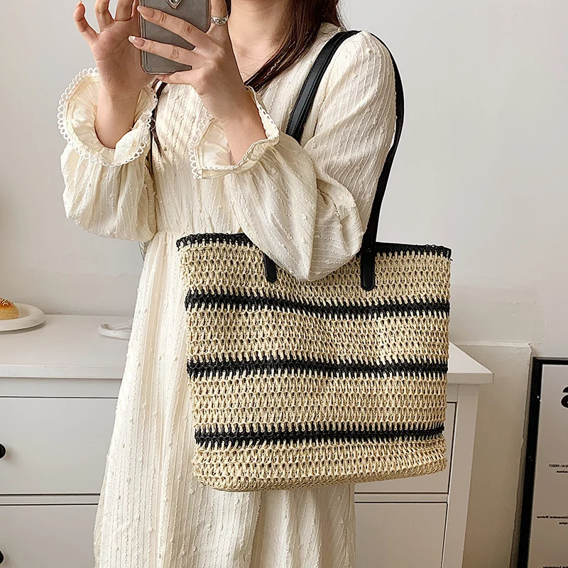 Striped Large Capacity Casual Handbag Summer Straw Tote Bags
