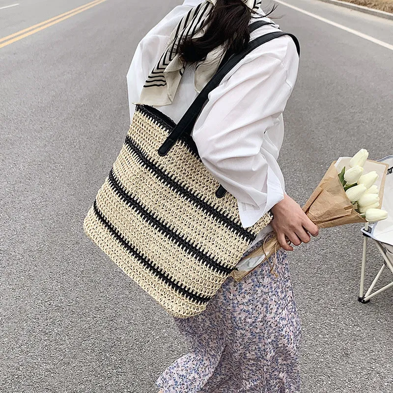 Striped Large Capacity Casual Handbag Summer Straw Tote Bags