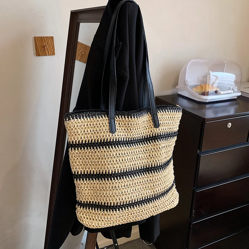 Striped Large Capacity Casual Handbag Summer Straw Tote Bags